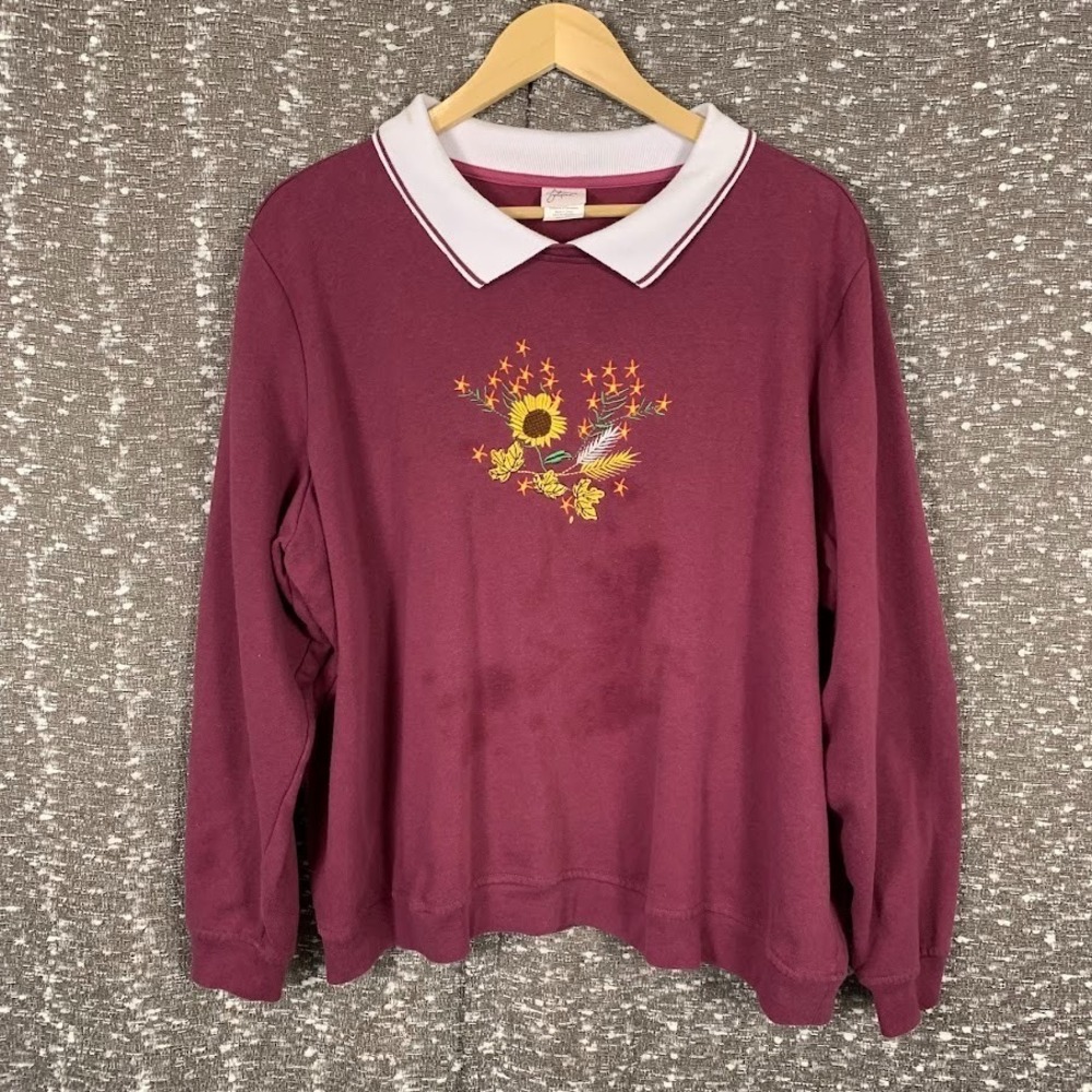 Vintage Adrian Delafield Collared Sweatshirt Embroidered Flowers Women's XX